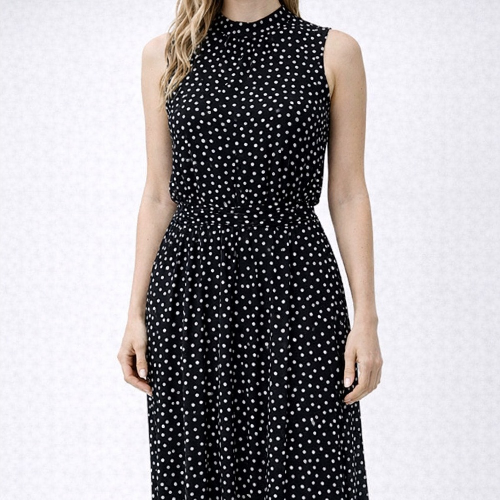 Leota Black Polka Dot Stretchy Midi Dress Medium